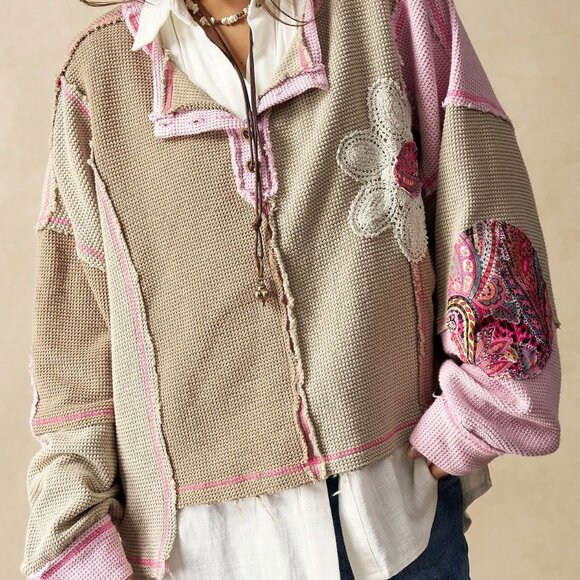 Multicolor Casual Women's Knit Color Block Loose Fit Sweatshirt - Picture 3 of 7